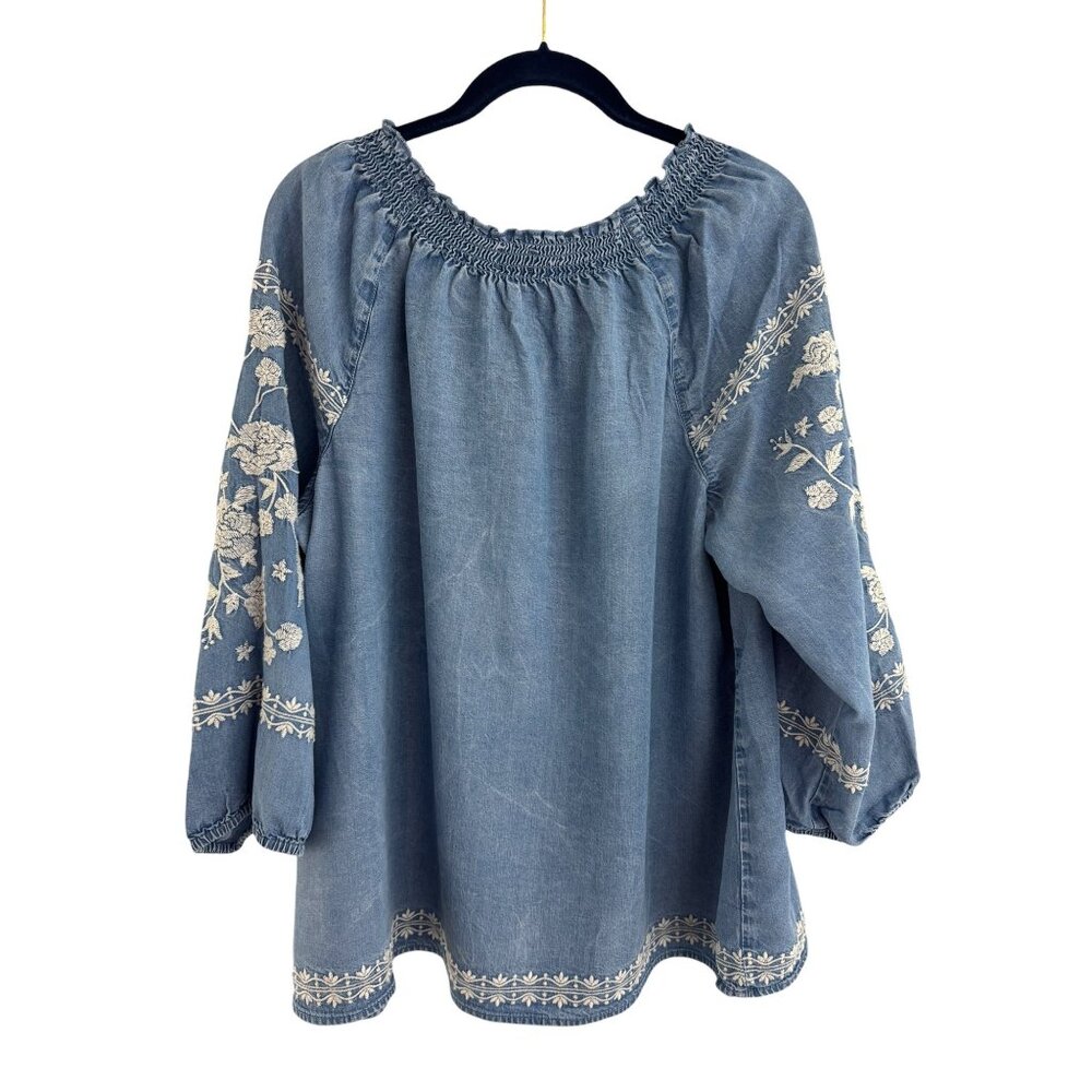 J. Jill Denim Chambray Embroidered Tunic Top Size XL Shirt Blouse Boho Peasant - Picture 8 of 11
